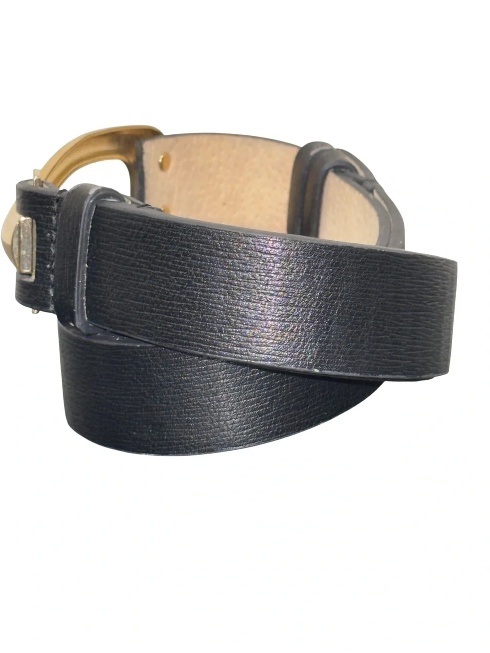Chico’s Black Genuine Leather Belt M/L Adjustable Gold Statement Buckle